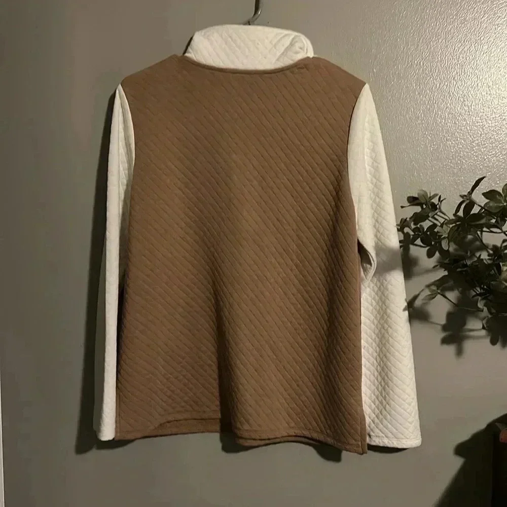 Croft & Barrow Quilted Pullover Colorblock Cream Camel Cozy Preppy S - Picture 6 of 8